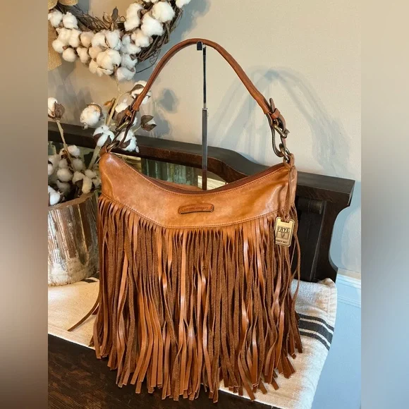 Frye Heidi Leather Fringe Hobo Shoulder Bag Cognac Brown Retail $458 - Picture 3 of 12